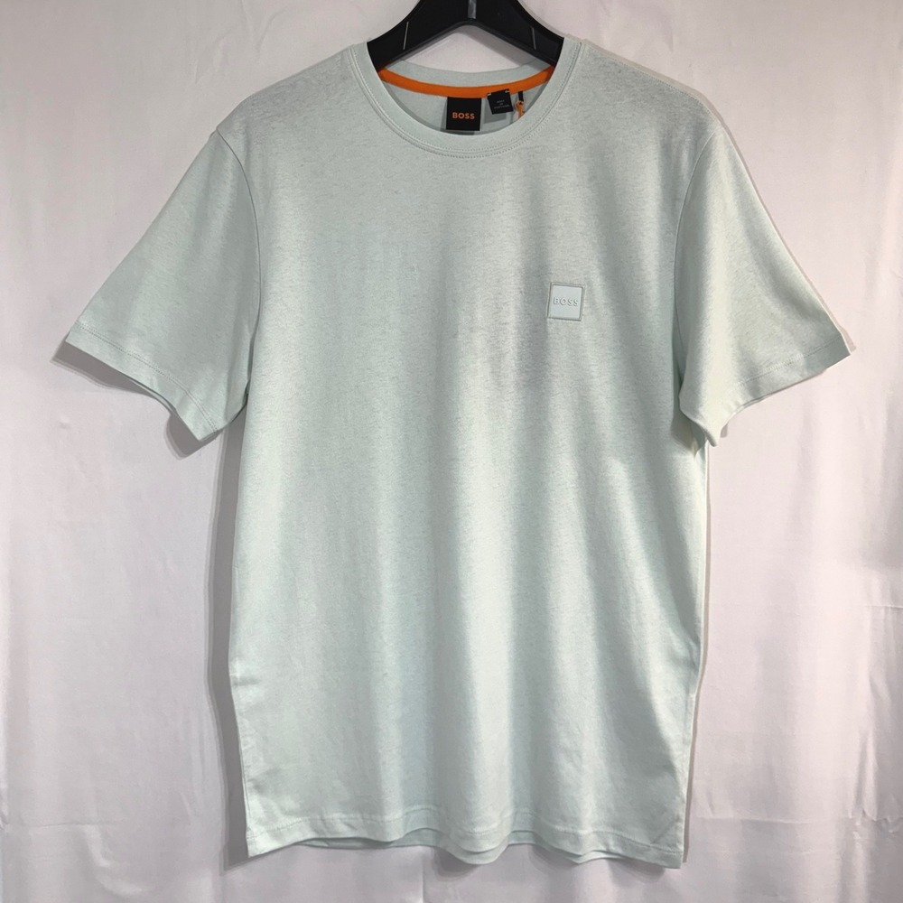 NWT BOSS Hugo Boss Tales Logo Patch T-Shirt S Blue Mint Green Cotton Crew Neck